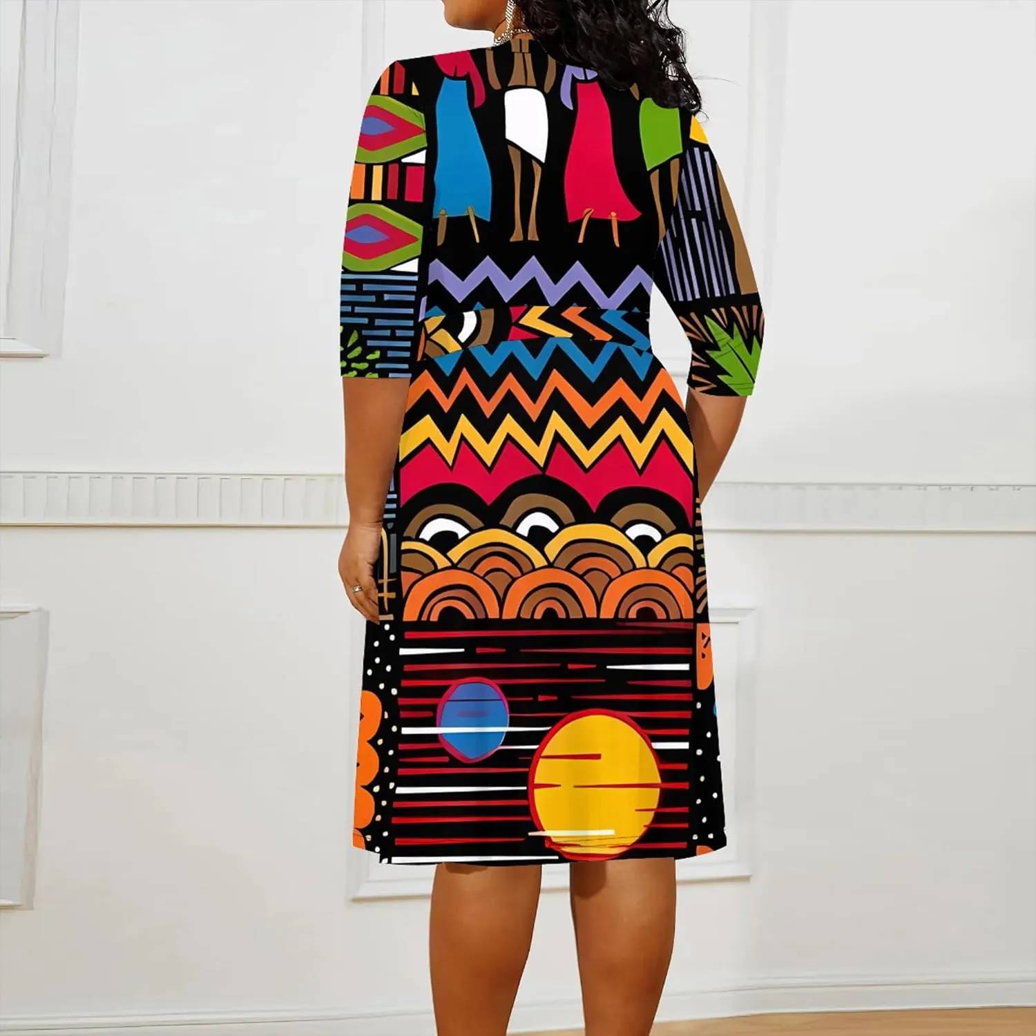 Plus Size Dress for Women - 3/4 Sleeve V Neck Boho Print Midi Dresses Sexy Wrap Cocktail Party Dress Empire Waist with Belt
