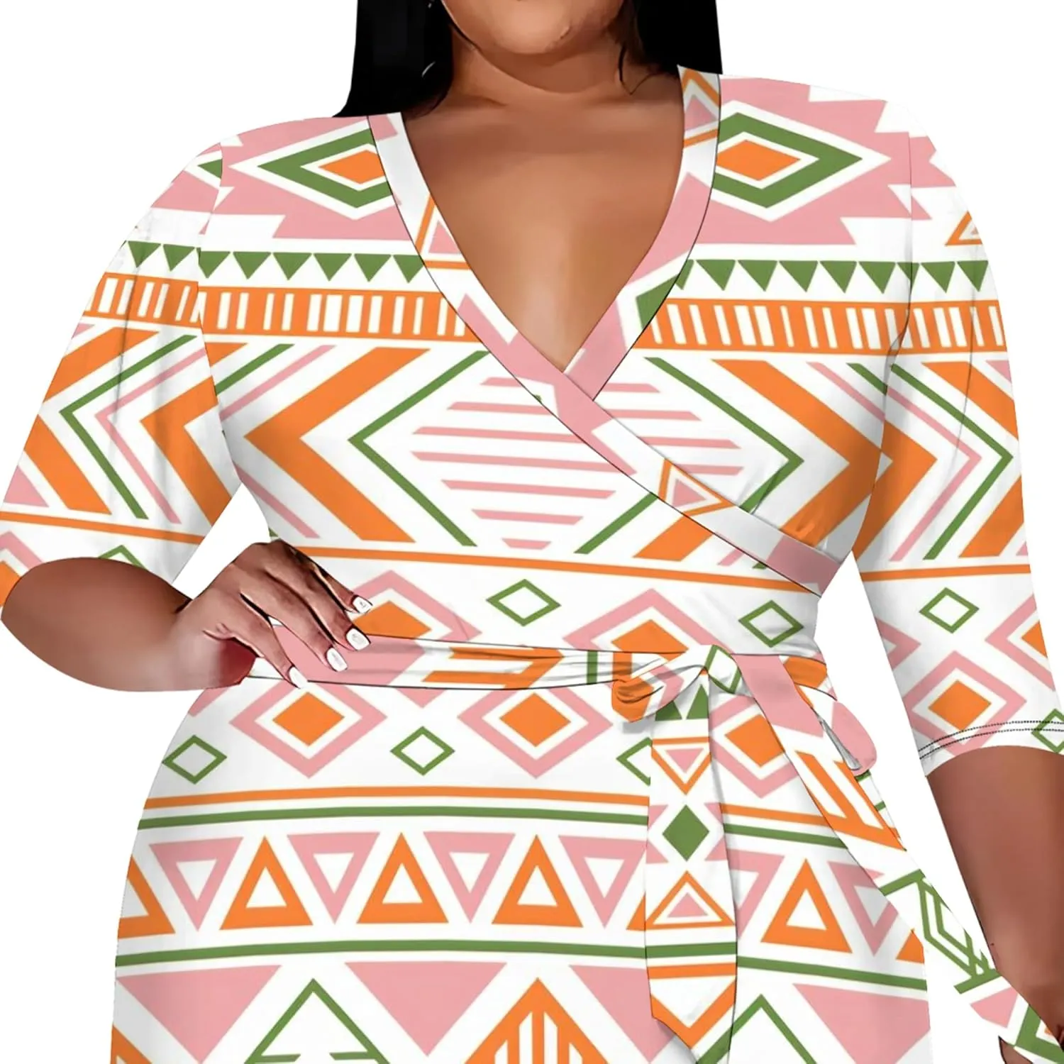 Plus Size Dress for Women - 3/4 Sleeve V Neck Boho Print Midi Dresses Sexy Wrap Cocktail Party Dress Empire Waist with Belt