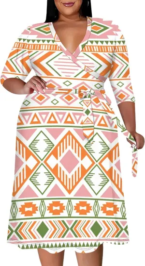Plus Size Dress for Women - 3/4 Sleeve V Neck Boho Print Midi Dresses Sexy Wrap Cocktail Party Dress Empire Waist with Belt