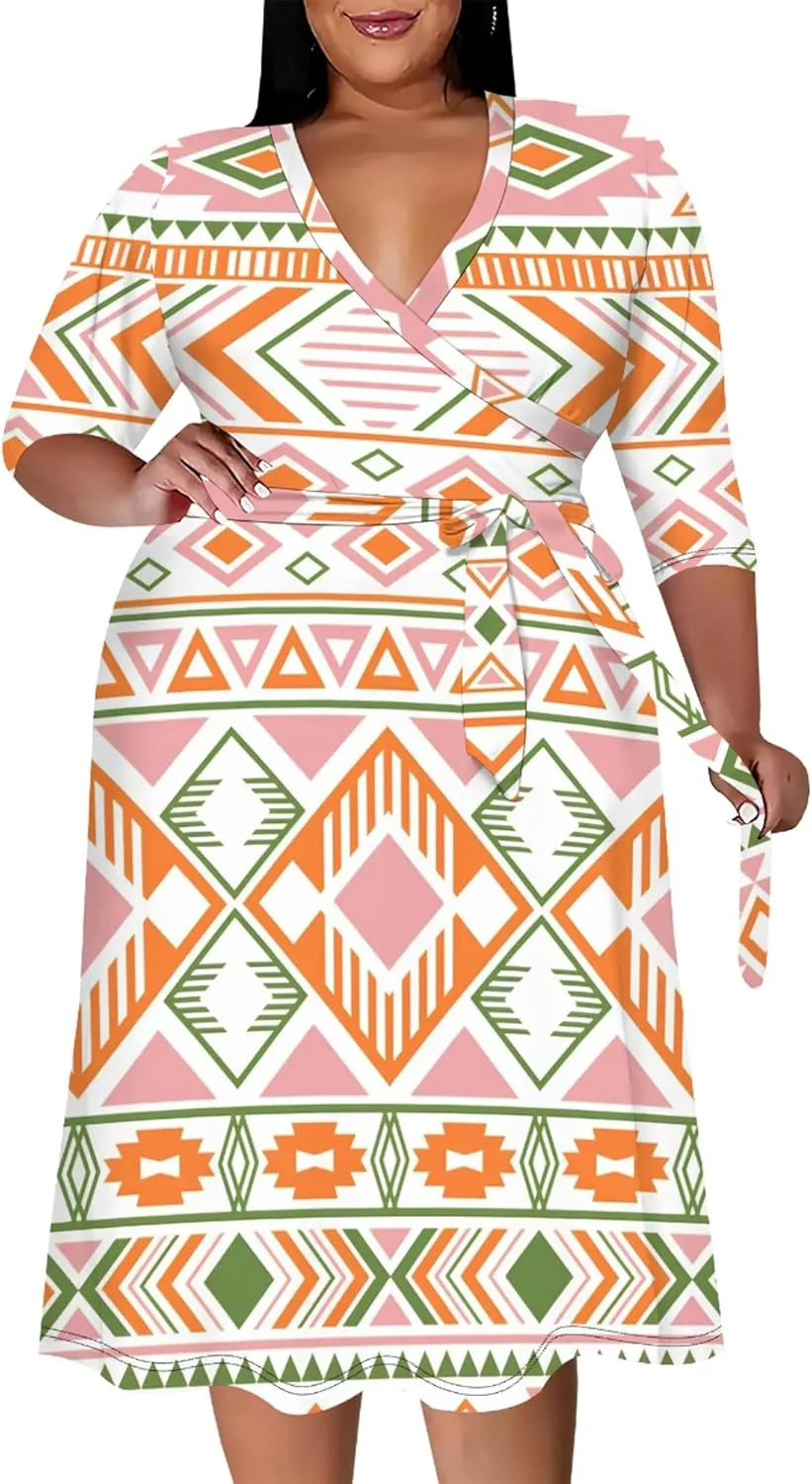 Plus Size Dress for Women - 3/4 Sleeve V Neck Boho Print Midi Dresses Sexy Wrap Cocktail Party Dress Empire Waist with Belt
