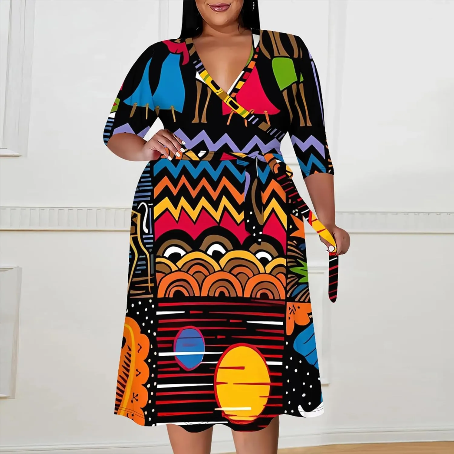 Plus Size Dress for Women - 3/4 Sleeve V Neck Boho Print Midi Dresses Sexy Wrap Cocktail Party Dress Empire Waist with Belt