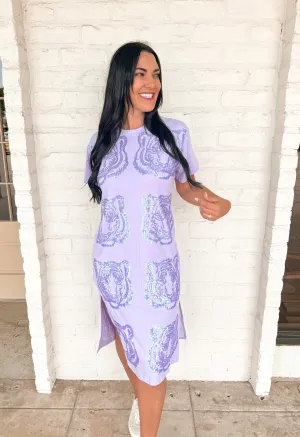 Queen Of Sparkles Lavender Sequin Tiger Face Midi Dress