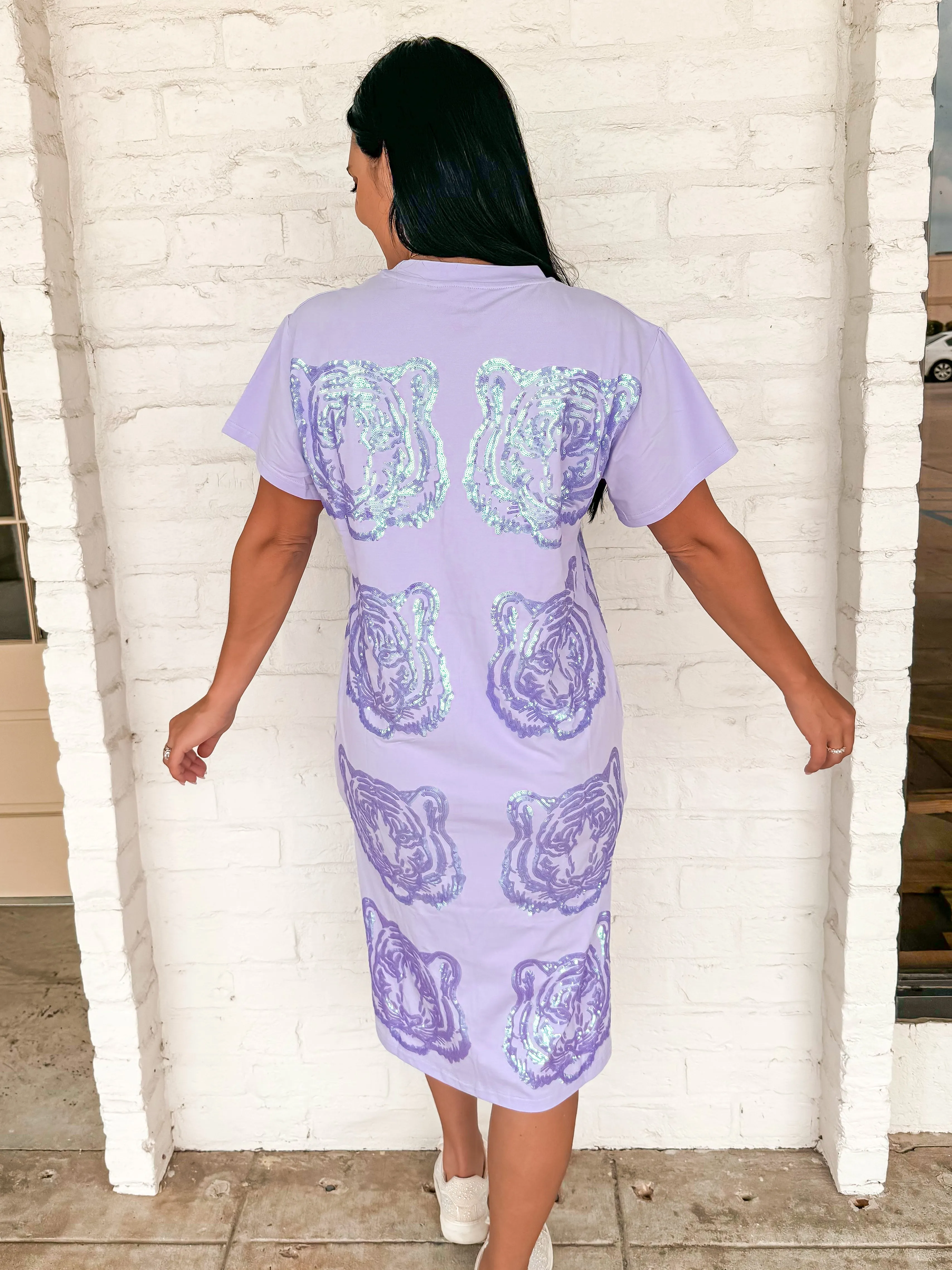 Queen Of Sparkles Lavender Sequin Tiger Face Midi Dress