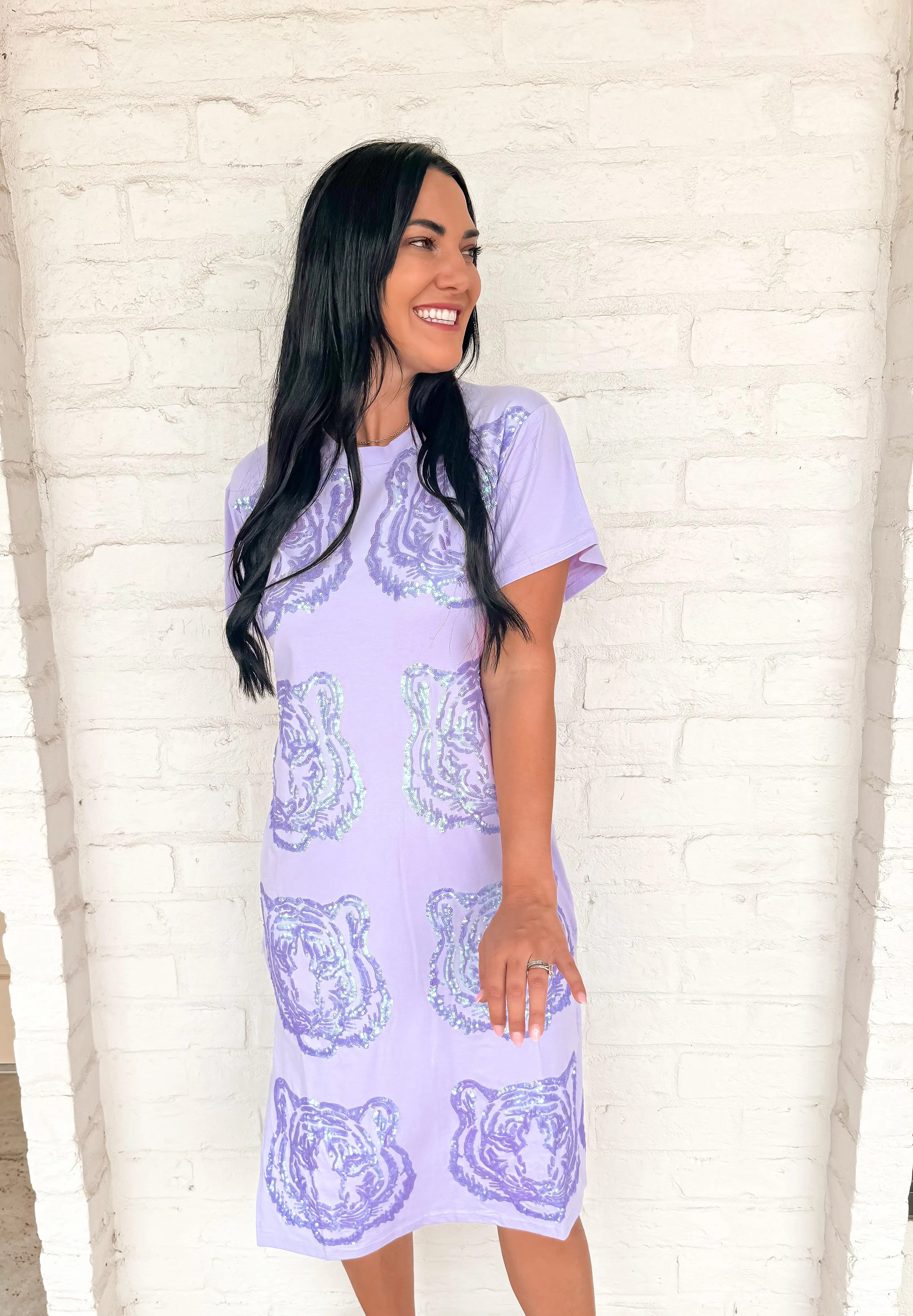 Queen Of Sparkles Lavender Sequin Tiger Face Midi Dress