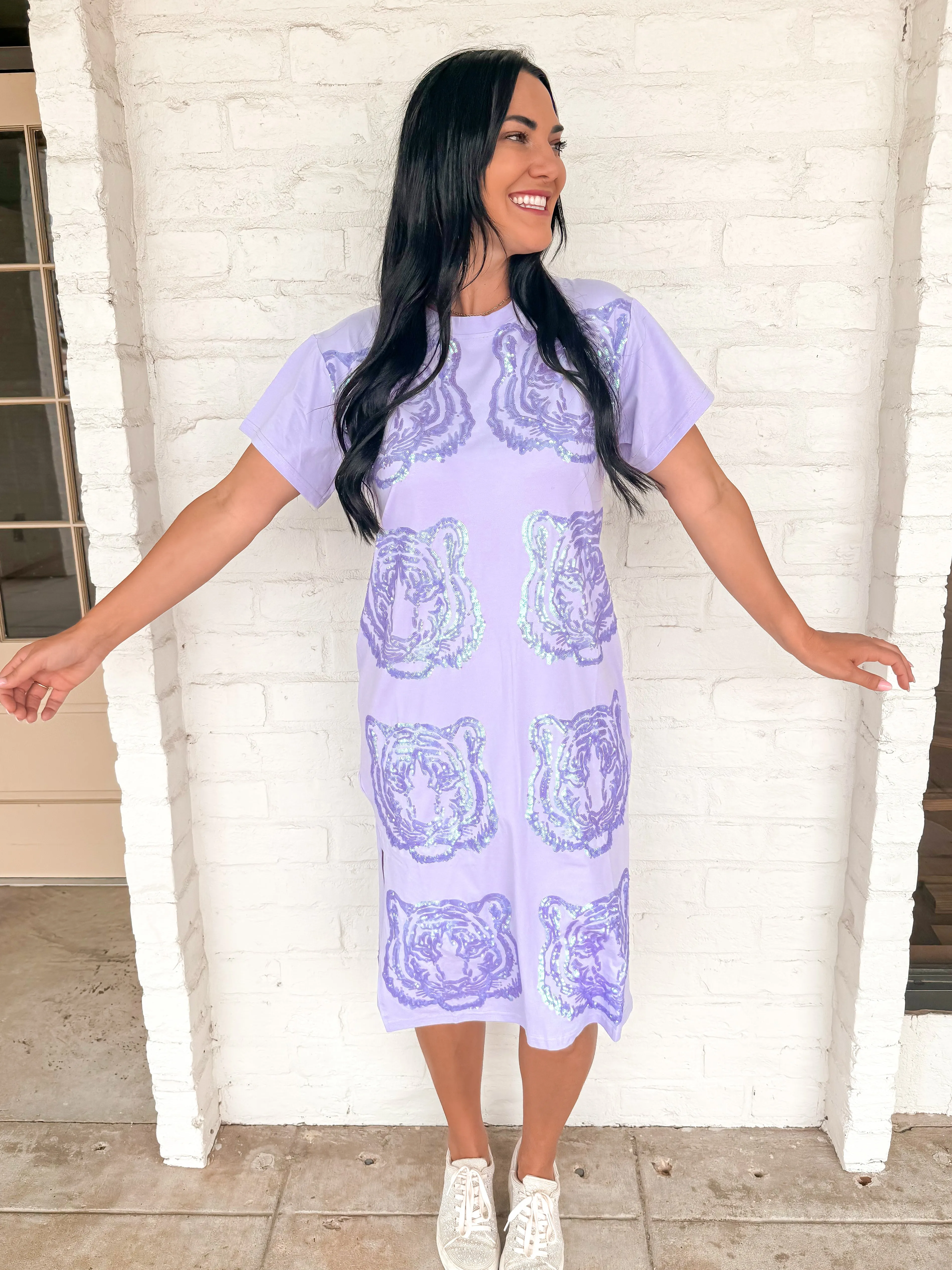 Queen Of Sparkles Lavender Sequin Tiger Face Midi Dress