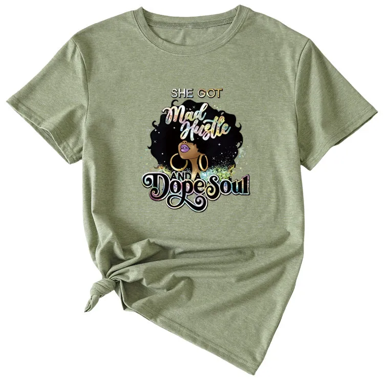She Got Mad Huslle Fun Pattern Printed Short-sleeved Shirt