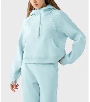 Warm Lining Fleece Lined Sports Sweater Women Short Hood Half Loose Zip Yoga Sports Jacket
