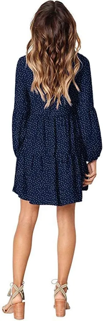 Women Loose Dress Ruffle Sleeve Dot V-Neckline Dress Casual Mini Short Swing Women's Dress Fancy Plus Size