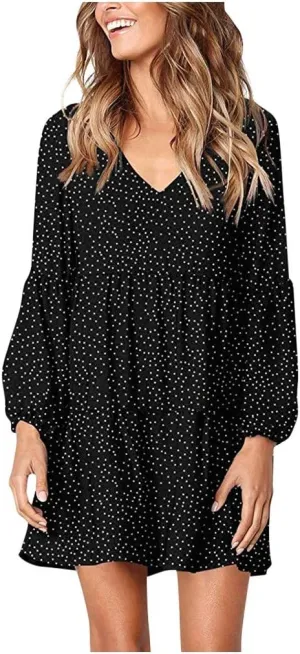 Women Loose Dress Ruffle Sleeve Dot V-Neckline Dress Casual Mini Short Swing Women's Dress Fancy Plus Size