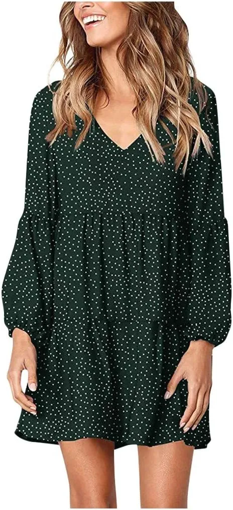Women Loose Dress Ruffle Sleeve Dot V-Neckline Dress Casual Mini Short Swing Women's Dress Fancy Plus Size
