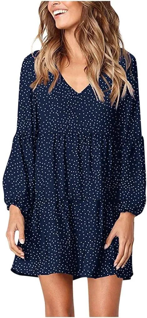 Women Loose Dress Ruffle Sleeve Dot V-Neckline Dress Casual Mini Short Swing Women's Dress Fancy Plus Size