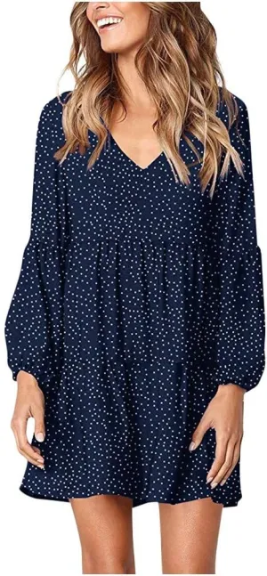 Women Loose Dress Ruffle Sleeve Dot V-Neckline Dress Casual Mini Short Swing Women's Dress Fancy Plus Size