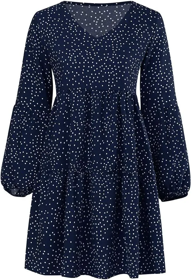 Women Loose Dress Ruffle Sleeve Dot V-Neckline Dress Casual Mini Short Swing Women's Dress Fancy Plus Size