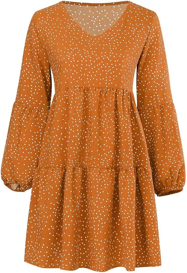 Women Loose Dress Ruffle Sleeve Dot V-Neckline Dress Casual Mini Short Swing Women's Dress Fancy Plus Size