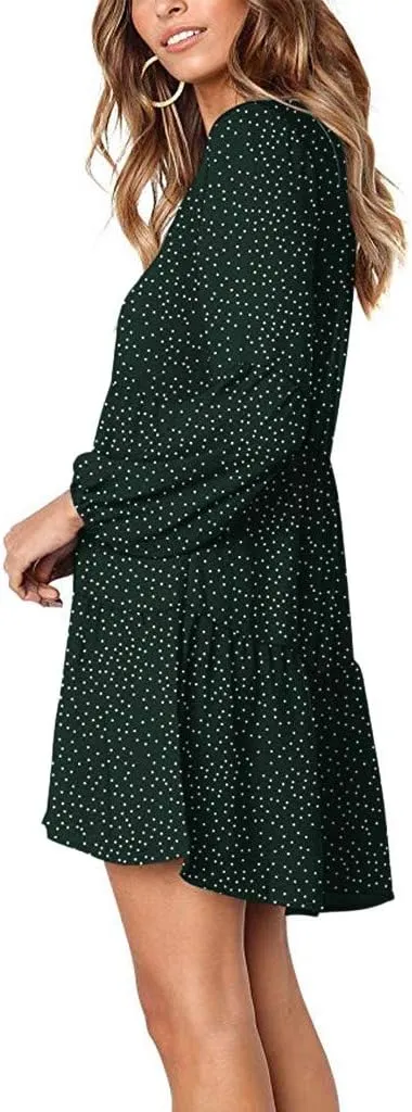 Women Loose Dress Ruffle Sleeve Dot V-Neckline Dress Casual Mini Short Swing Women's Dress Fancy Plus Size