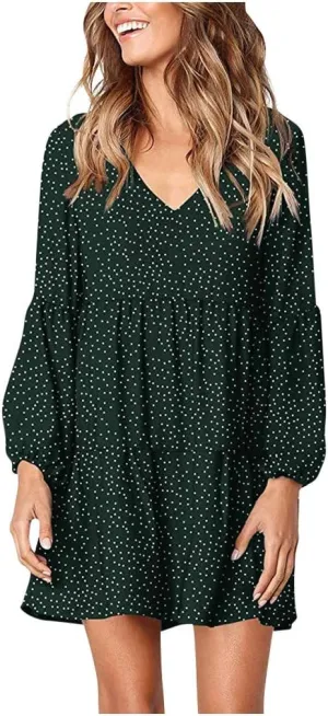 Women Loose Dress Ruffle Sleeve Dot V-Neckline Dress Casual Mini Short Swing Women's Dress Fancy Plus Size