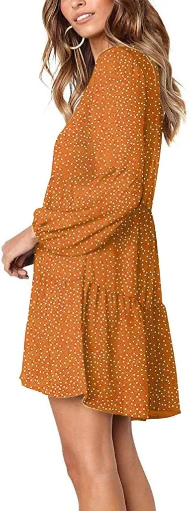 Women Loose Dress Ruffle Sleeve Dot V-Neckline Dress Casual Mini Short Swing Women's Dress Fancy Plus Size