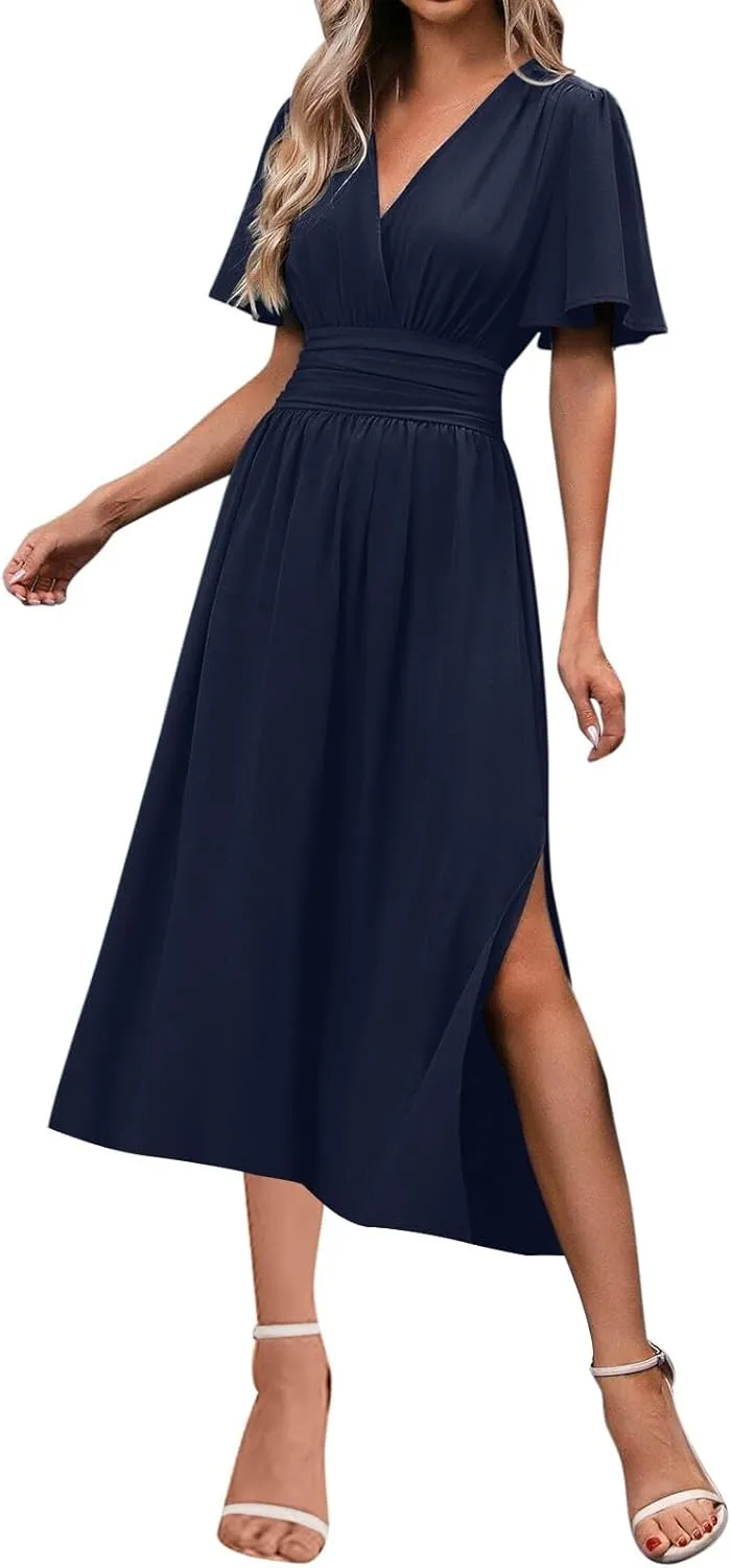 Women Wrap V Neck Ruffle Short Sleeve Midi Dress Smocked Empire Waist Summer Casual Elegant Split A-Line Beach Dresses