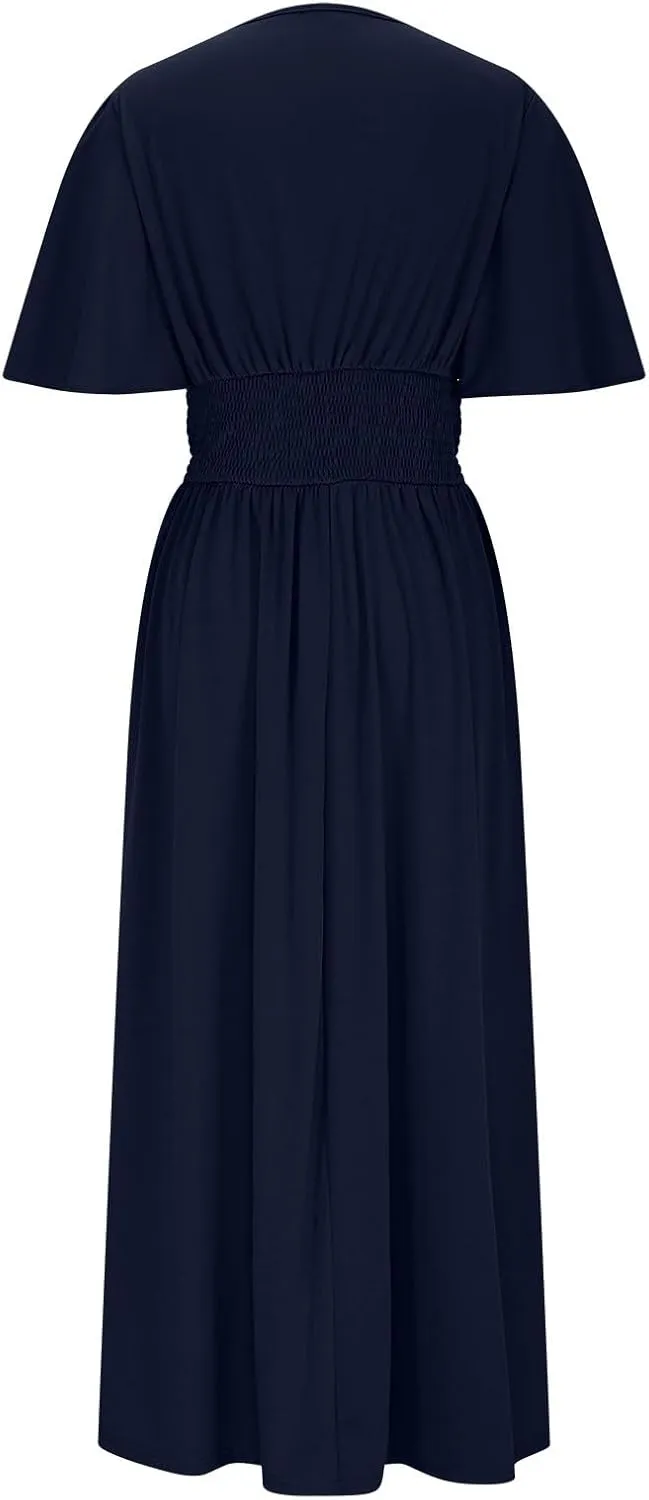 Women Wrap V Neck Ruffle Short Sleeve Midi Dress Smocked Empire Waist Summer Casual Elegant Split A-Line Beach Dresses