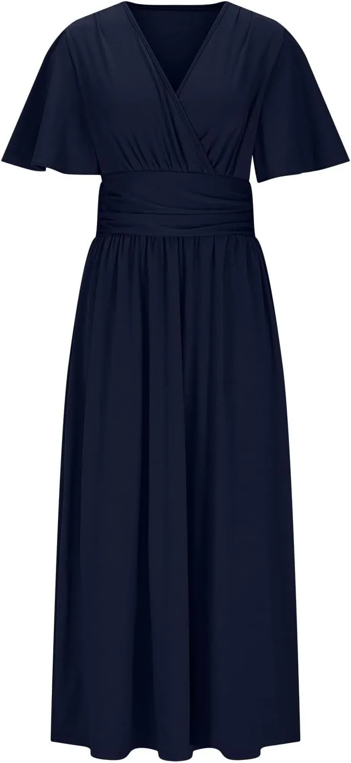 Women Wrap V Neck Ruffle Short Sleeve Midi Dress Smocked Empire Waist Summer Casual Elegant Split A-Line Beach Dresses