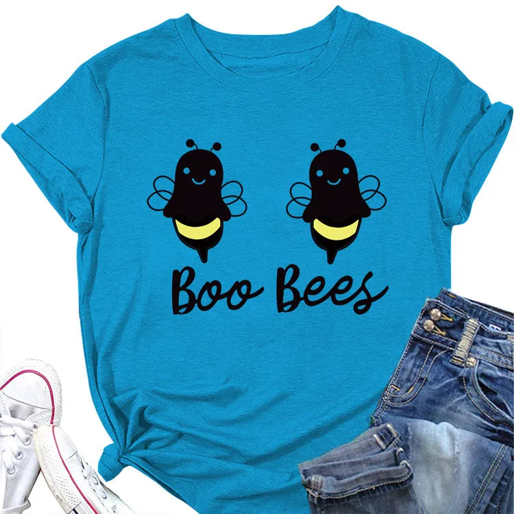 Womens Boo Bees Cute Pattern Printed Round Neck Short Sleeve T-shirt