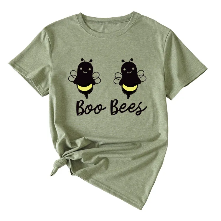 Womens Boo Bees Cute Pattern Printed Round Neck Short Sleeve T-shirt