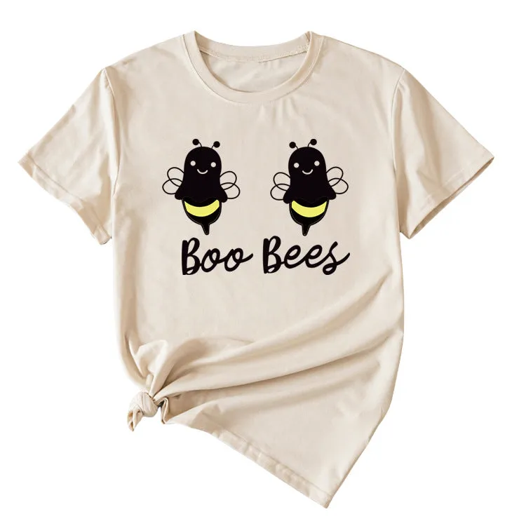 Womens Boo Bees Cute Pattern Printed Round Neck Short Sleeve T-shirt