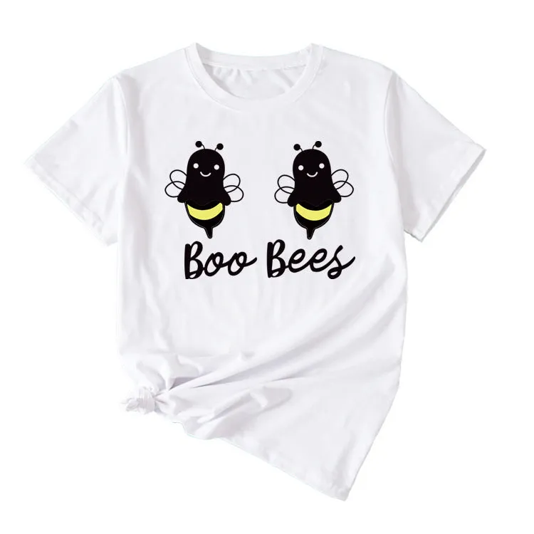 Womens Boo Bees Cute Pattern Printed Round Neck Short Sleeve T-shirt