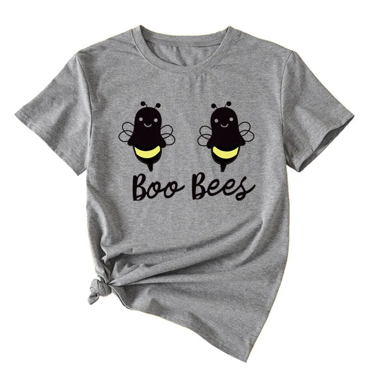 Womens Boo Bees Cute Pattern Printed Round Neck Short Sleeve T-shirt