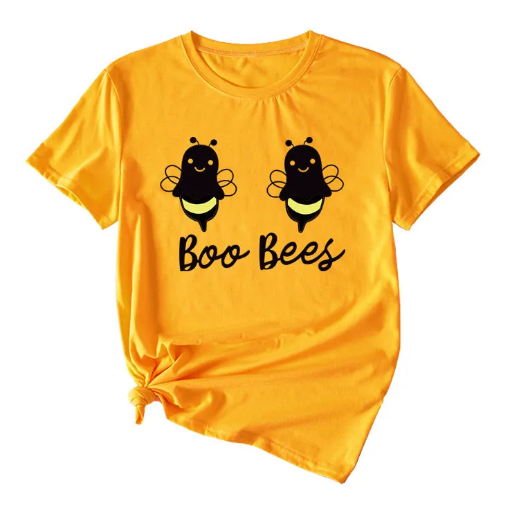 Womens Boo Bees Cute Pattern Printed Round Neck Short Sleeve T-shirt