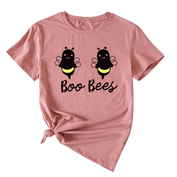 Womens Boo Bees Cute Pattern Printed Round Neck Short Sleeve T-shirt