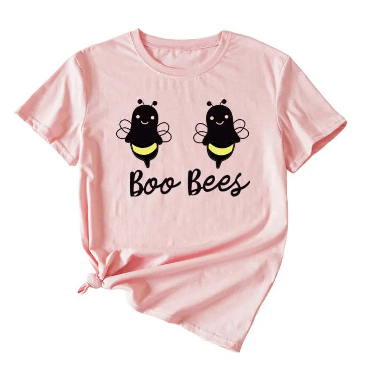 Womens Boo Bees Cute Pattern Printed Round Neck Short Sleeve T-shirt