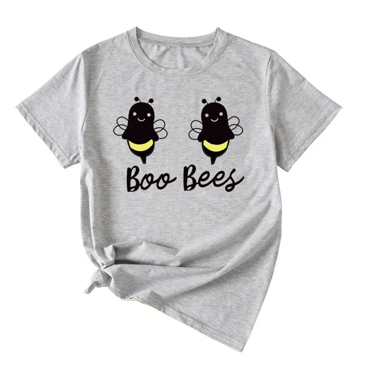 Womens Boo Bees Cute Pattern Printed Round Neck Short Sleeve T-shirt