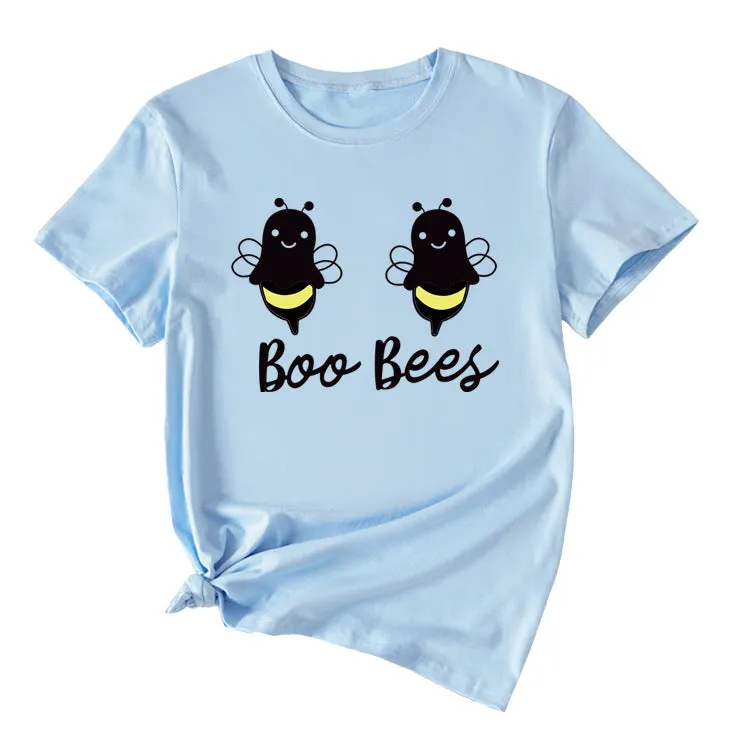 Womens Boo Bees Cute Pattern Printed Round Neck Short Sleeve T-shirt