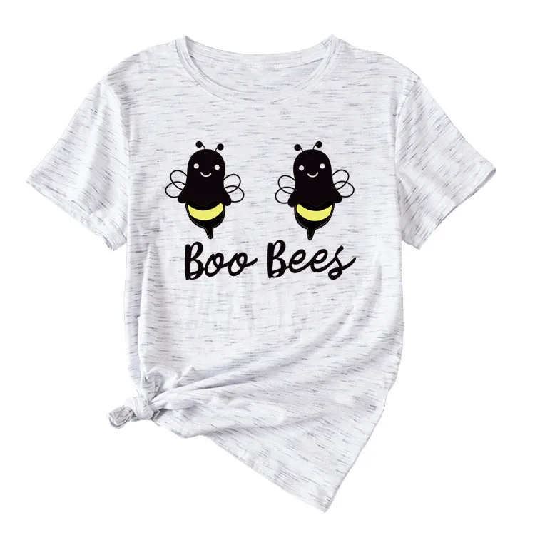 Womens Boo Bees Cute Pattern Printed Round Neck Short Sleeve T-shirt