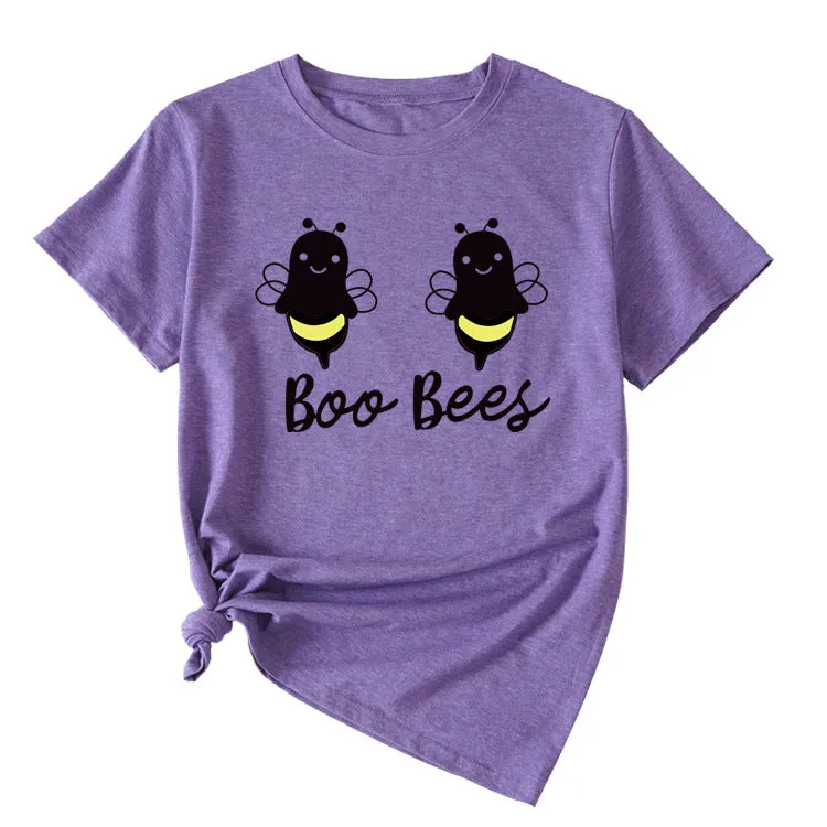 Womens Boo Bees Cute Pattern Printed Round Neck Short Sleeve T-shirt