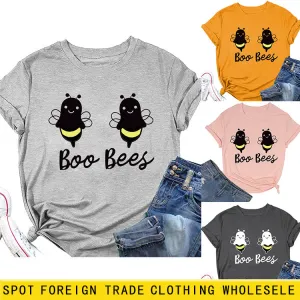 Womens Boo Bees Cute Pattern Printed Round Neck Short Sleeve T-shirt