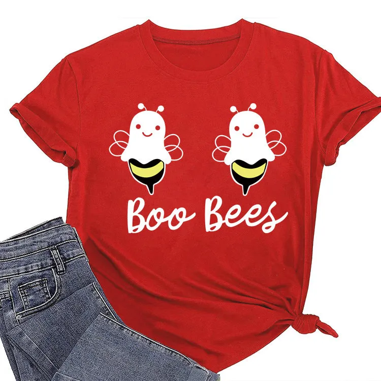Womens Boo Bees Cute Pattern Printed Round Neck Short Sleeve T-shirt