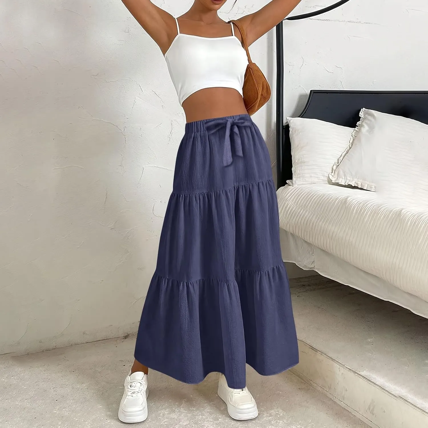 Women's Solid Midi Maxi Skirts 2025 Summer Casual A-Line Elastic High Waist Pleated Flowy Long Skirt Date Vacation Outfits