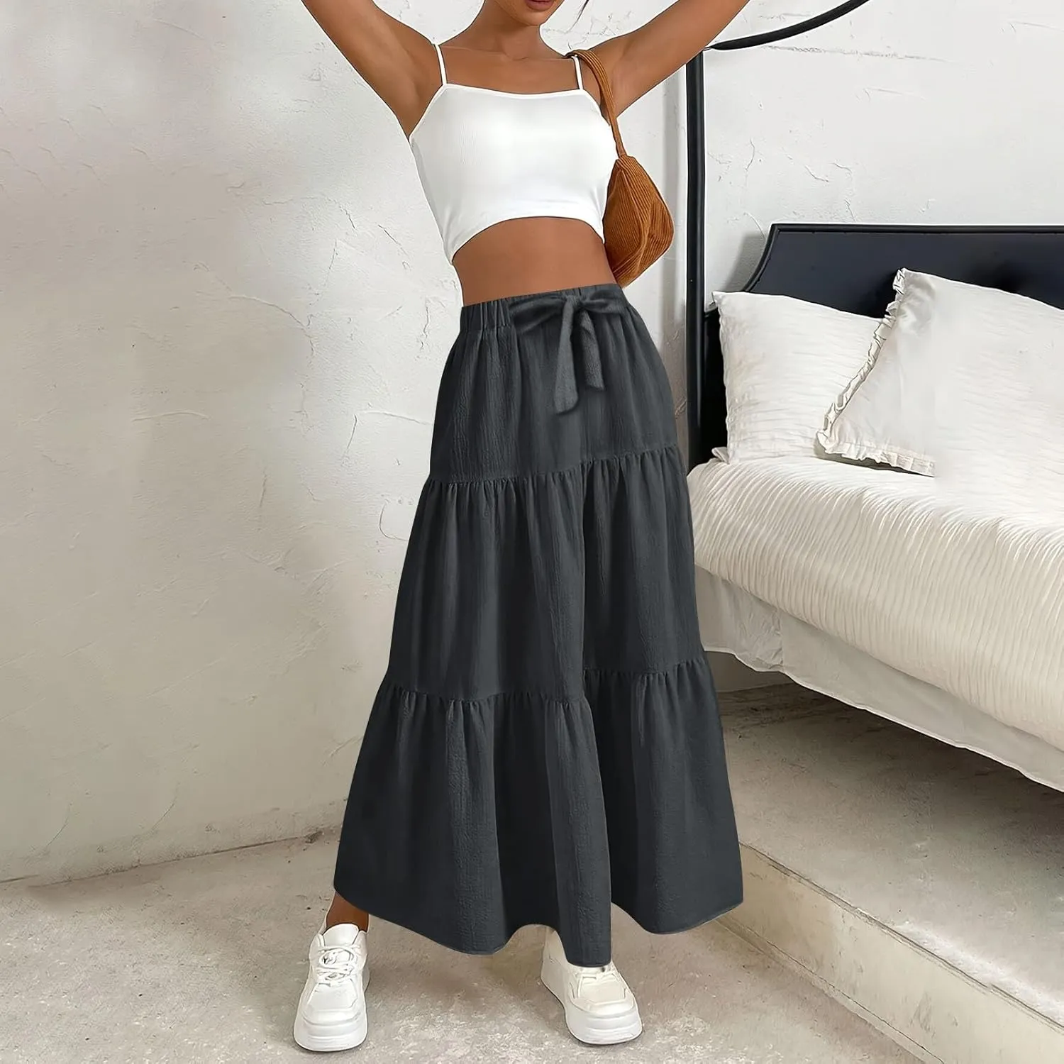 Women's Solid Midi Maxi Skirts 2025 Summer Casual A-Line Elastic High Waist Pleated Flowy Long Skirt Date Vacation Outfits
