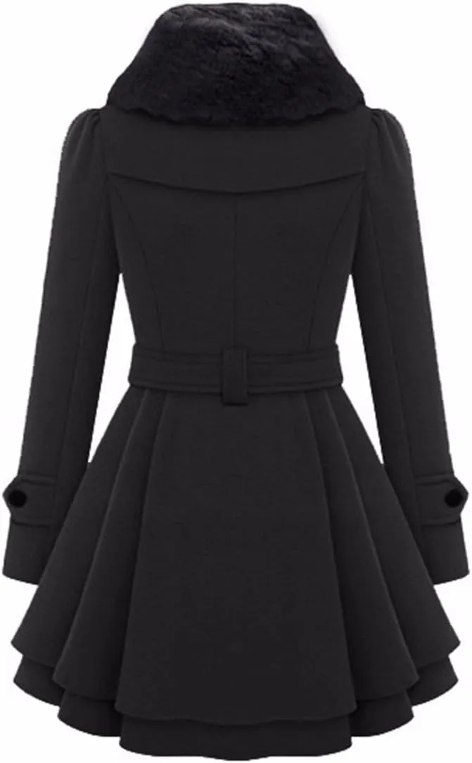 xxxiticat Women's Double Breasted Trench Coat Long Sleeve Faux Fur Lapel Flared Hem Belted Winter Warm Jacket Overcoat