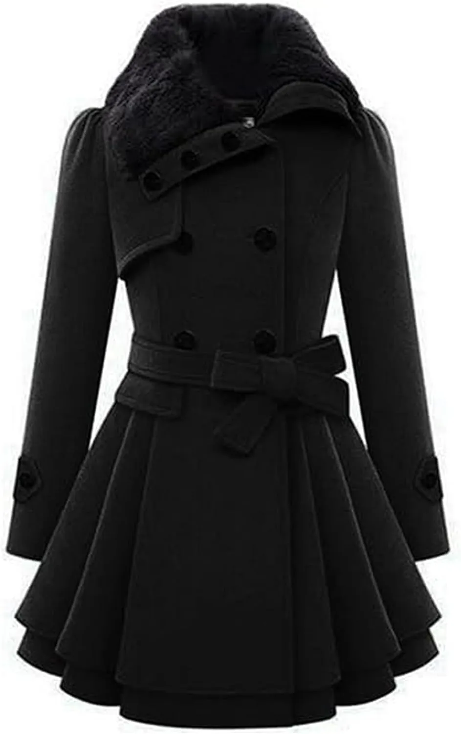 xxxiticat Women's Double Breasted Trench Coat Long Sleeve Faux Fur Lapel Flared Hem Belted Winter Warm Jacket Overcoat
