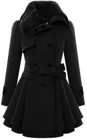 xxxiticat Women's Double Breasted Trench Coat Long Sleeve Faux Fur Lapel Flared Hem Belted Winter Warm Jacket Overcoat